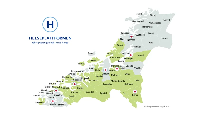Kart illustrasjon over Midt-Norge. Kommuner markert med grønn farge har innført Helseplattformen. Sirkler med røde kors markerer alle sykehusene som bruker Helseplattformen.